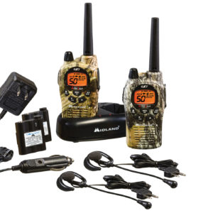 MIDLAND GXT1050VP4 50 CHANNEL 36 MILE GMRS RADIO PAIR WITH JIS4 WATERPROOF PROTECTION, DROP IN CHARGER & BOOM MIC HEADSETS - CAMO
