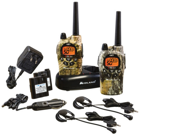 MIDLAND GXT1050VP4 50 CHANNEL 36 MILE GMRS RADIO PAIR WITH JIS4 WATERPROOF PROTECTION, DROP IN CHARGER & BOOM MIC HEADSETS - CAMO