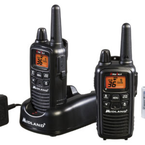 MIDLAND LXT600VP3 36 CHANNEL, 30 MILE FRS/GMRS HANDHELD RADIO PAIR WITH 3 LEVEL EVOX, NOAA WEATHER RADIO WITH SCAN - IN BLACK